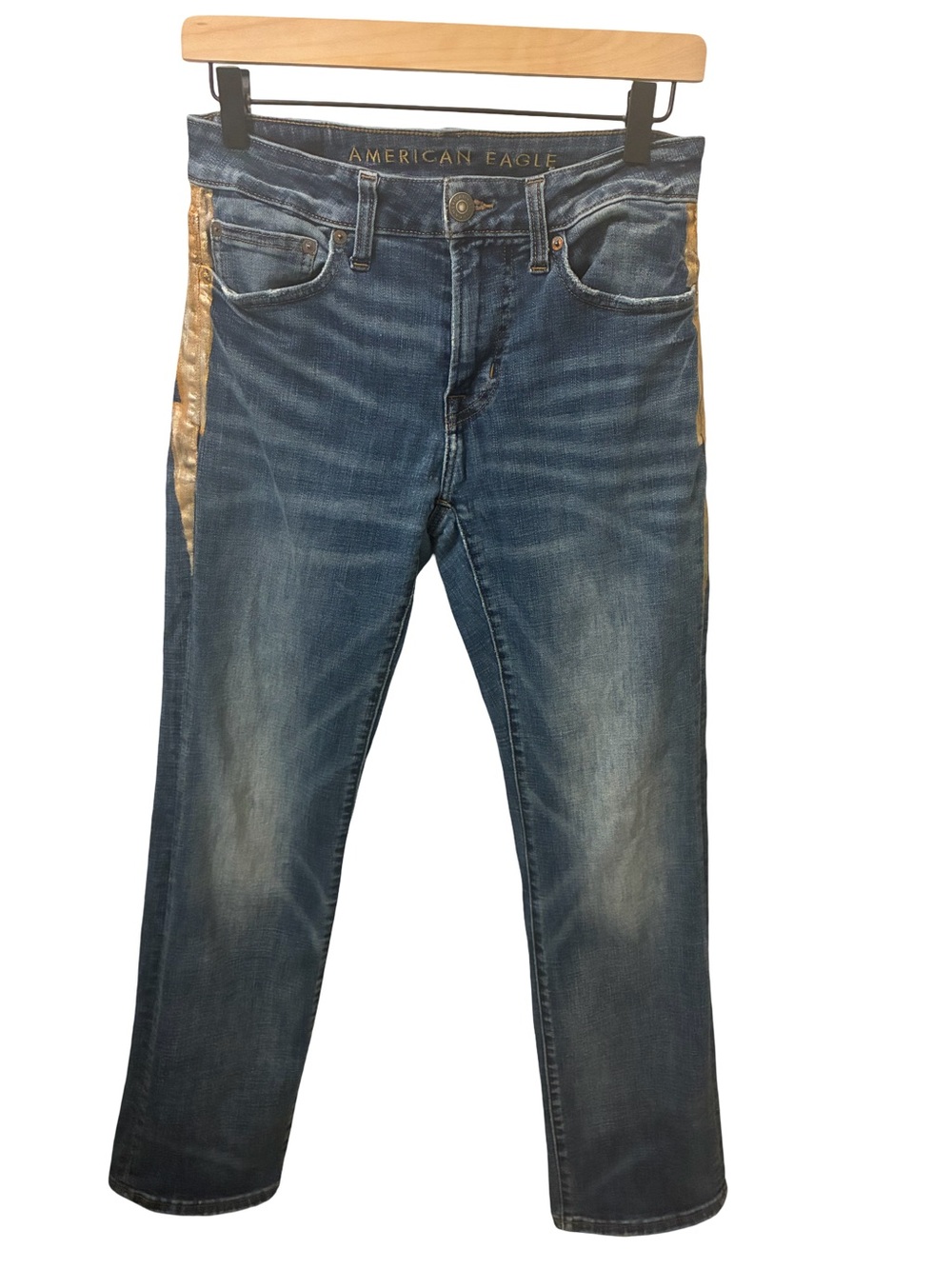 American Eagle Outfitters Blue Straight-Leg Jeans with Gold Side Stripe
